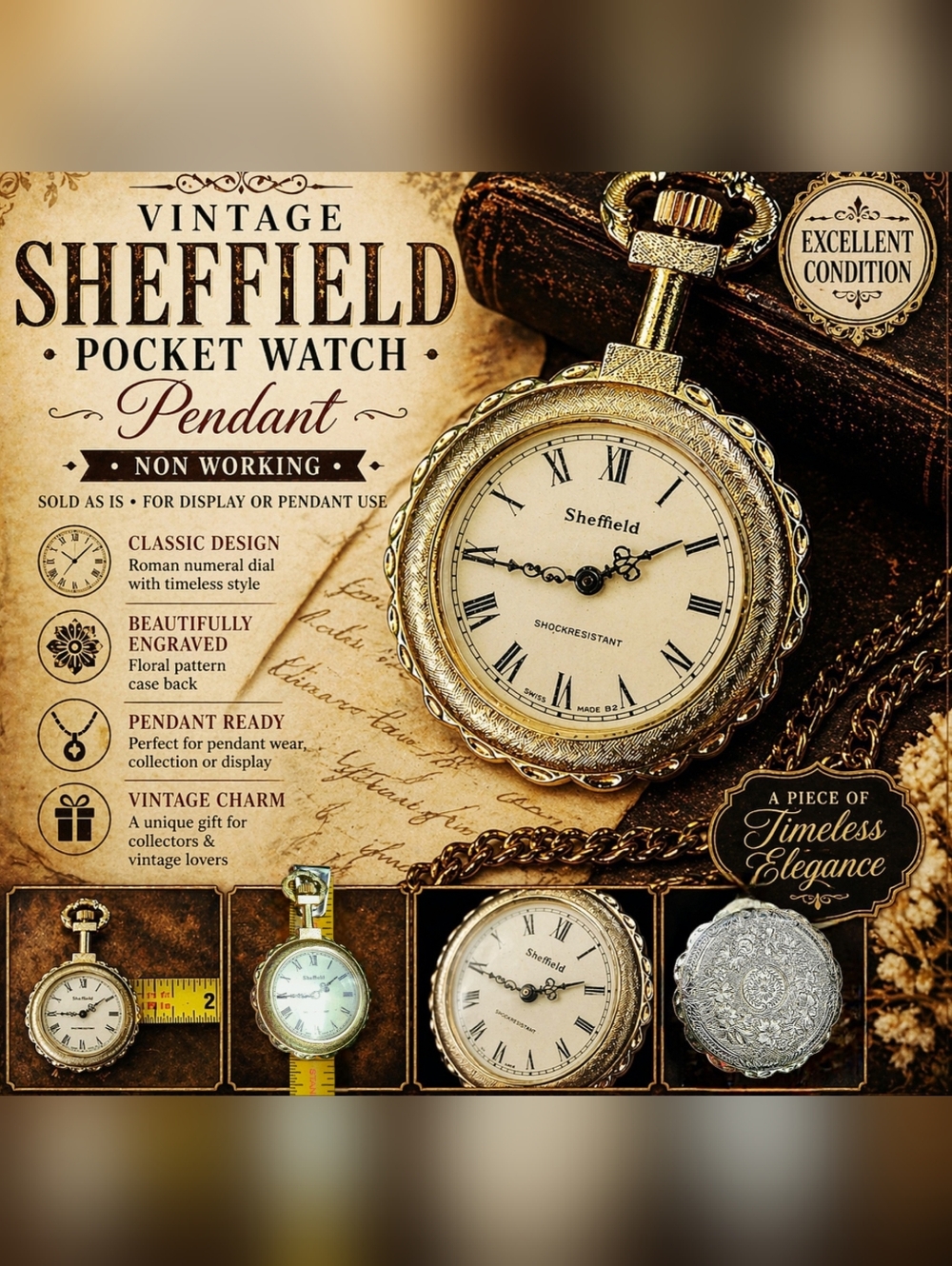 Vintage Sheffield Pocket Watch Pendant Engraved Floral Quartz Roman Numeral